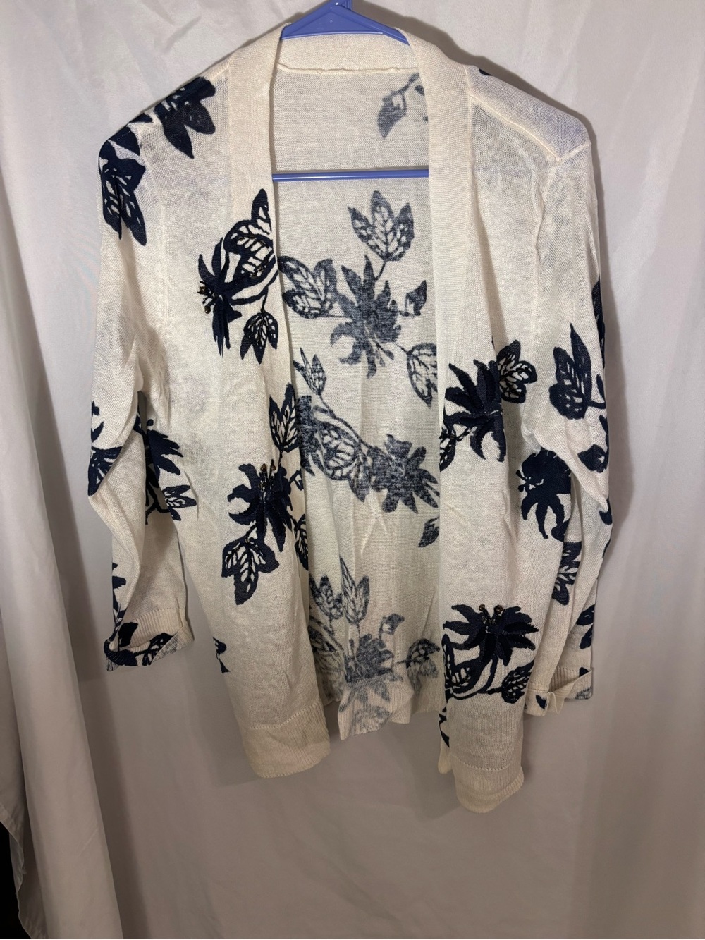 Cream Open-Front Floral Cardigan with Navy Print